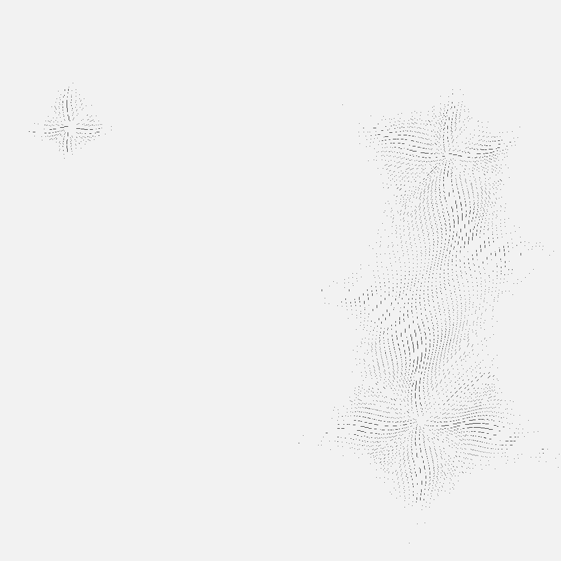 Mostly empty pale paper. A faint smoke of tiny
black specks clusters in two ragged clouds on the right and one small
star-shaped burst upper left. The entire left half of the square is blank.
