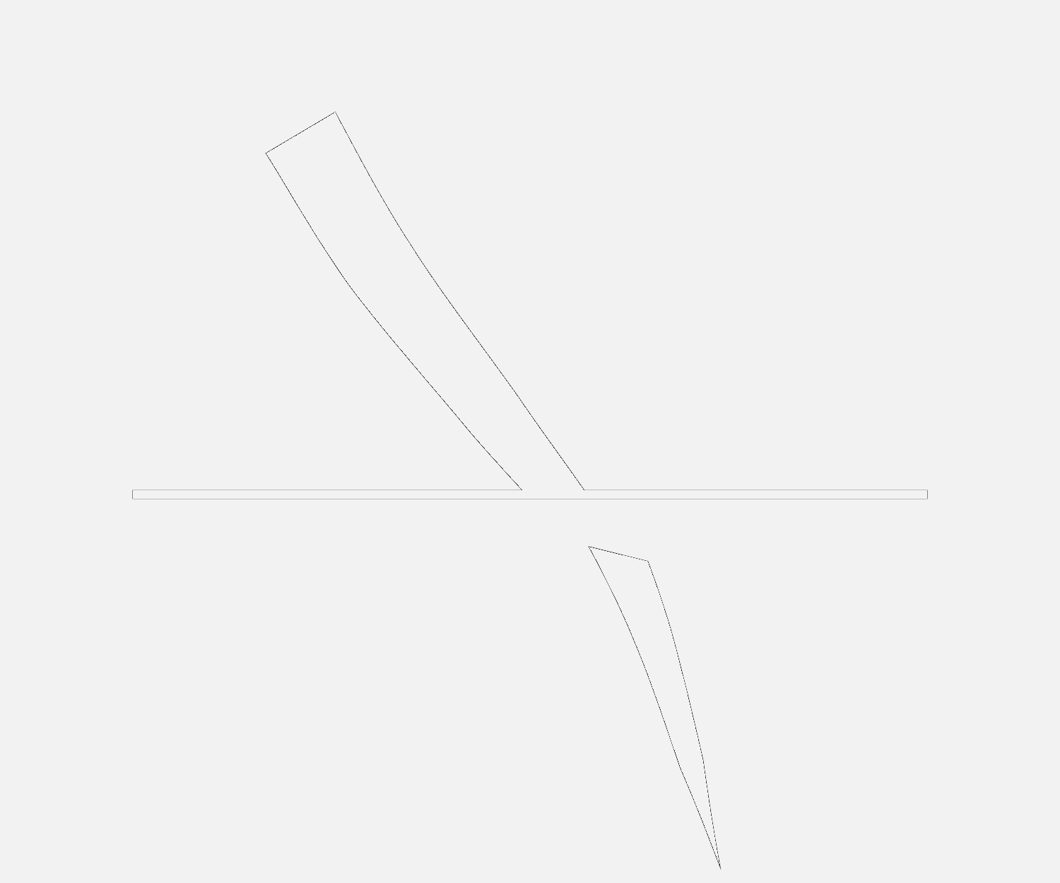 A picture reduced to a wireframe: a thick
falling stroke is now only its own bare outline, the severed tip is an empty
sliver, and a ruled horizontal line is a long hollow rectangle. All of it drawn
in a hairline so fine it is barely there.