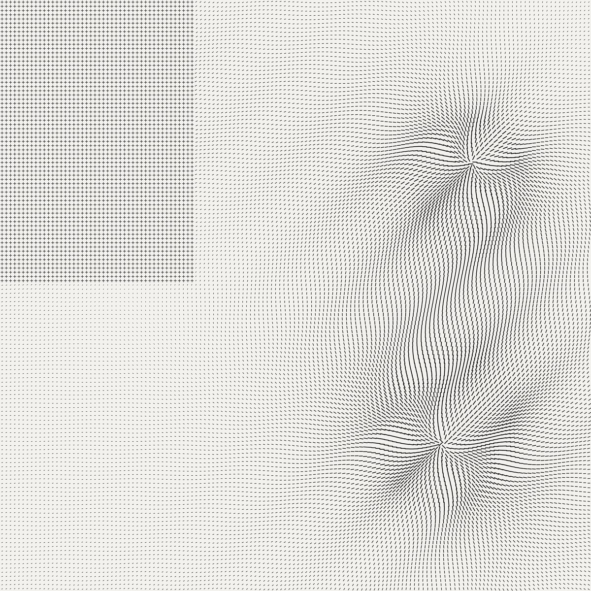 The same field, with a rigid crosshatch grid covering the quiet corner around the isolated point.