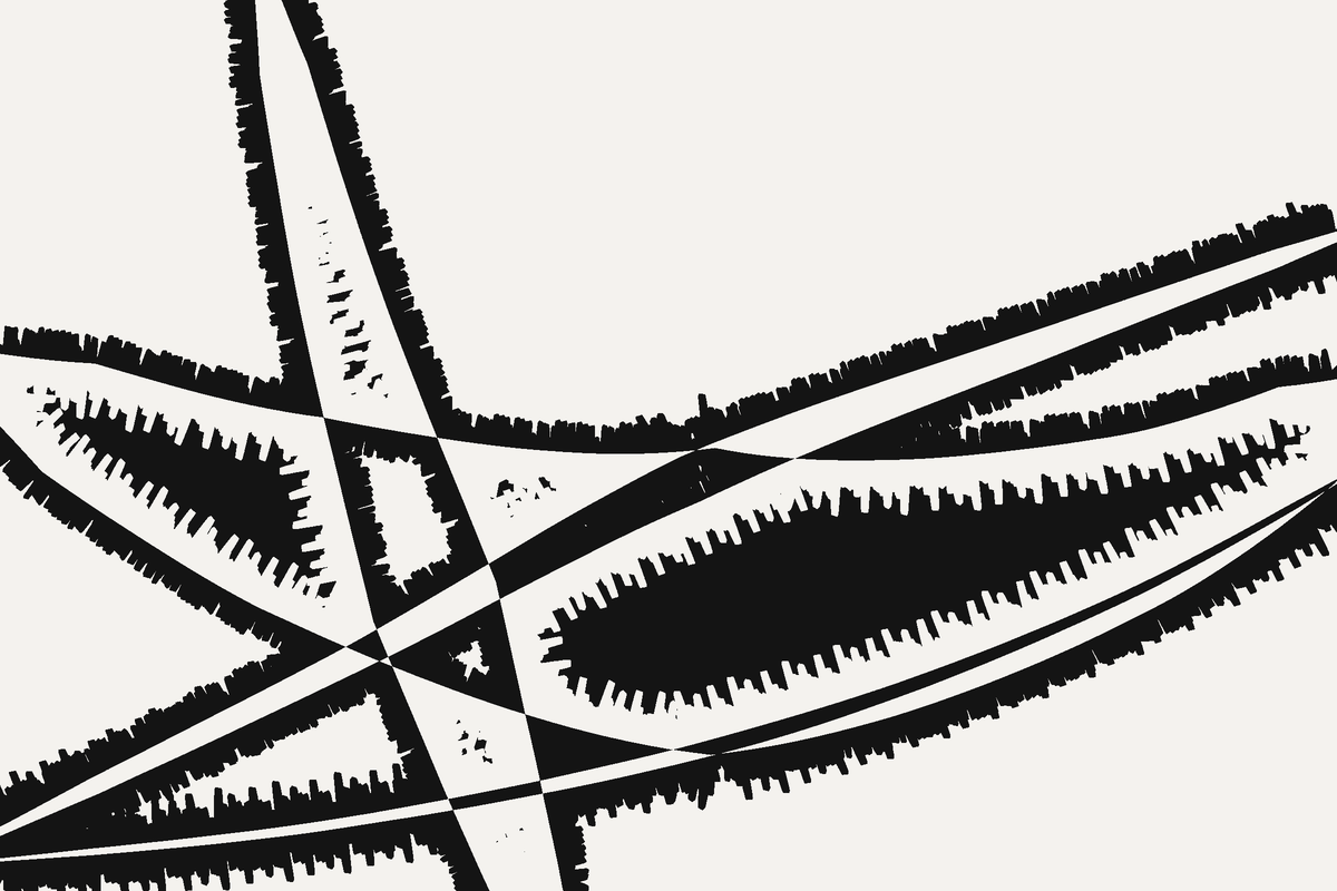 The same four marks, mostly edge -- toothed corridors where solid
ink used to be.