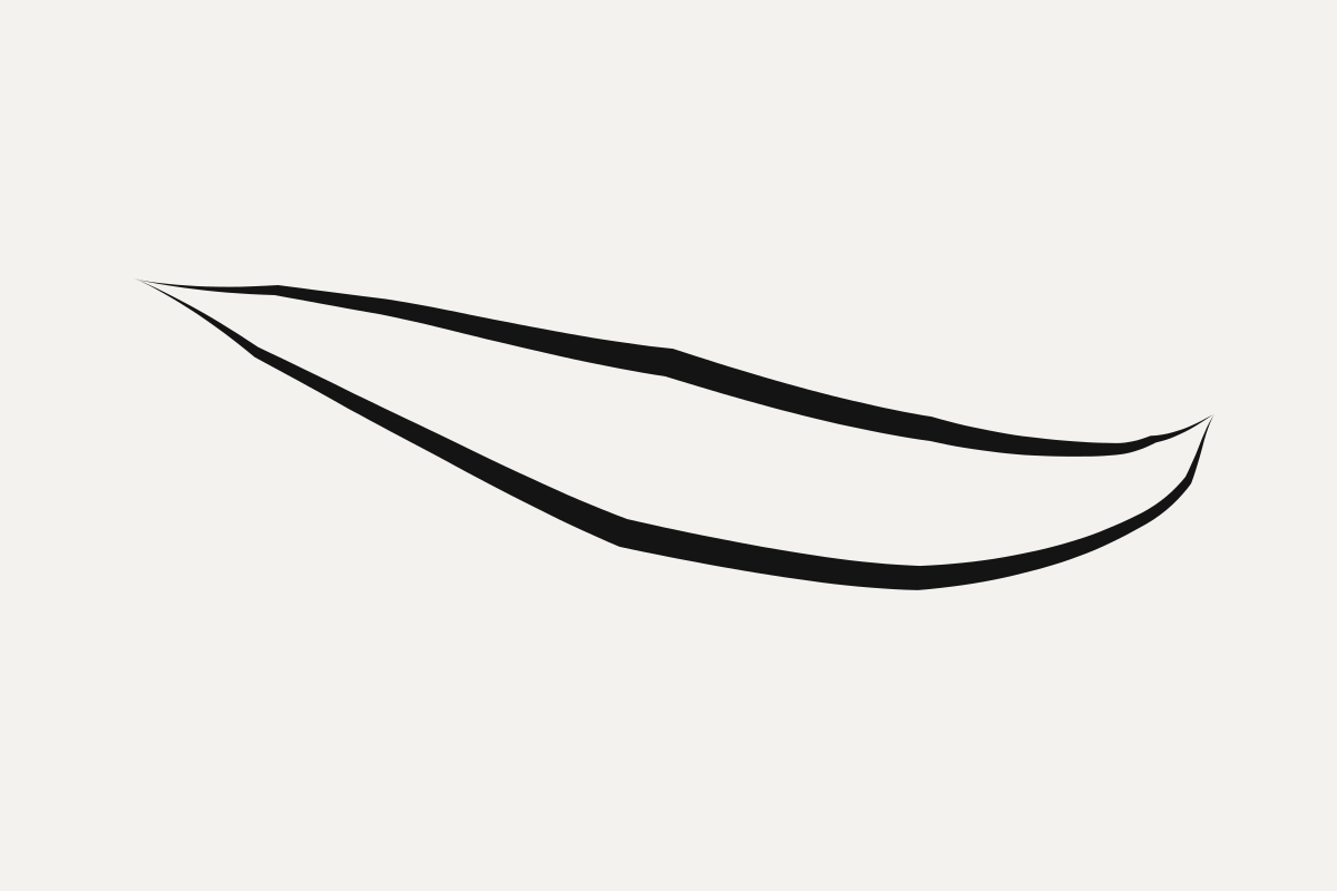 A long narrow black crescent forming an open boat shape, thin at the left, closing at the right.