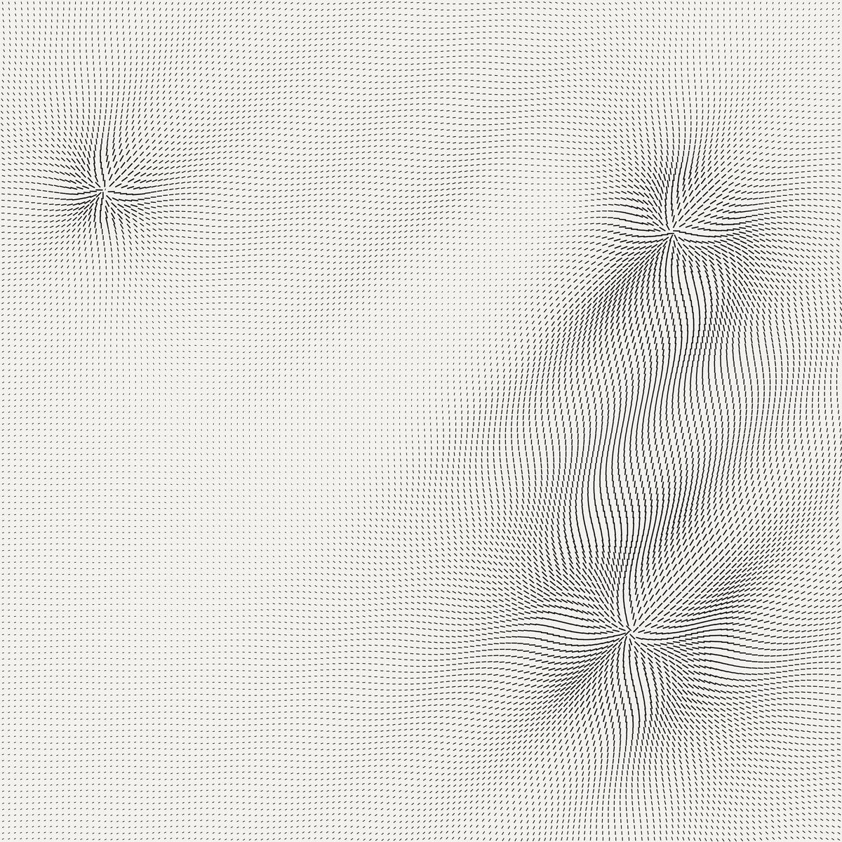 A dense field of small dashes curving around three
bright point sources, at upper left, upper right and lower right.
