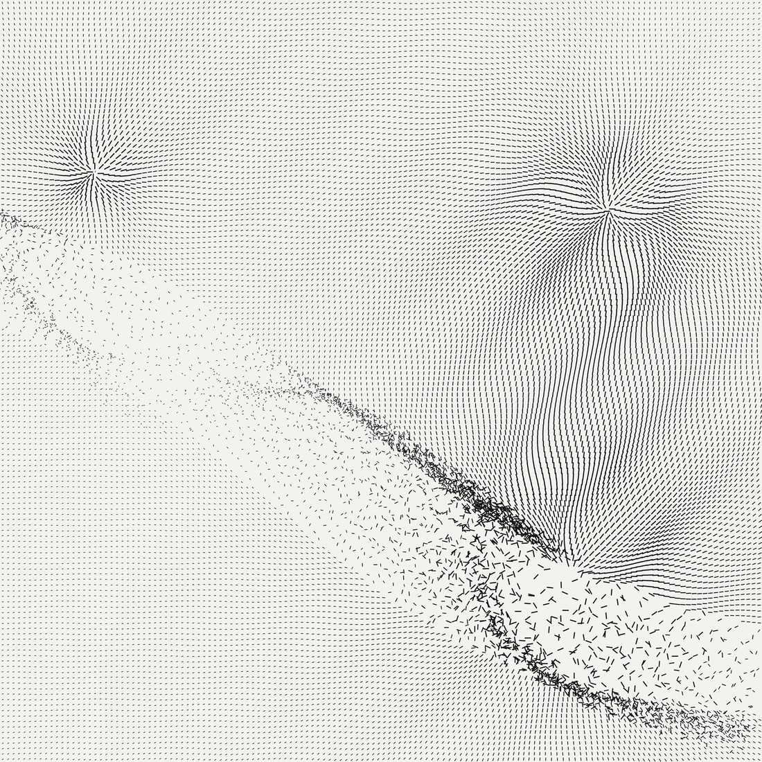 The same kind of field, with a jagged diagonal seam where the marks are scrambled and collide.
