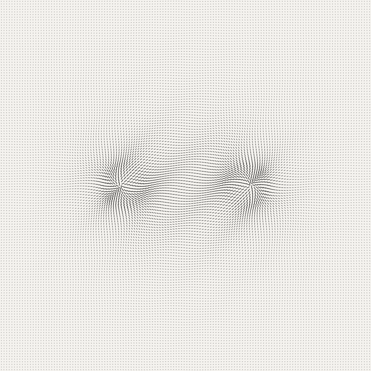 The same two-pole field with marks displaced along the field lines instead of sitting on the grid; the grid disappears into an uneven, woven texture, denser near the two poles.
