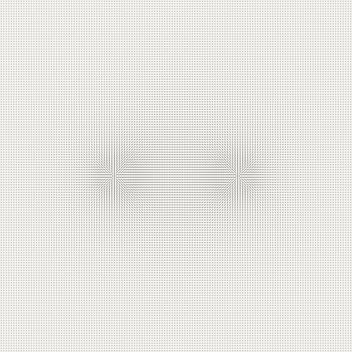 A field radiating from two points, every mark placed exactly on an even grid; the grid itself is visible as a faint moir&eacute; pattern of vertical and horizontal lines.