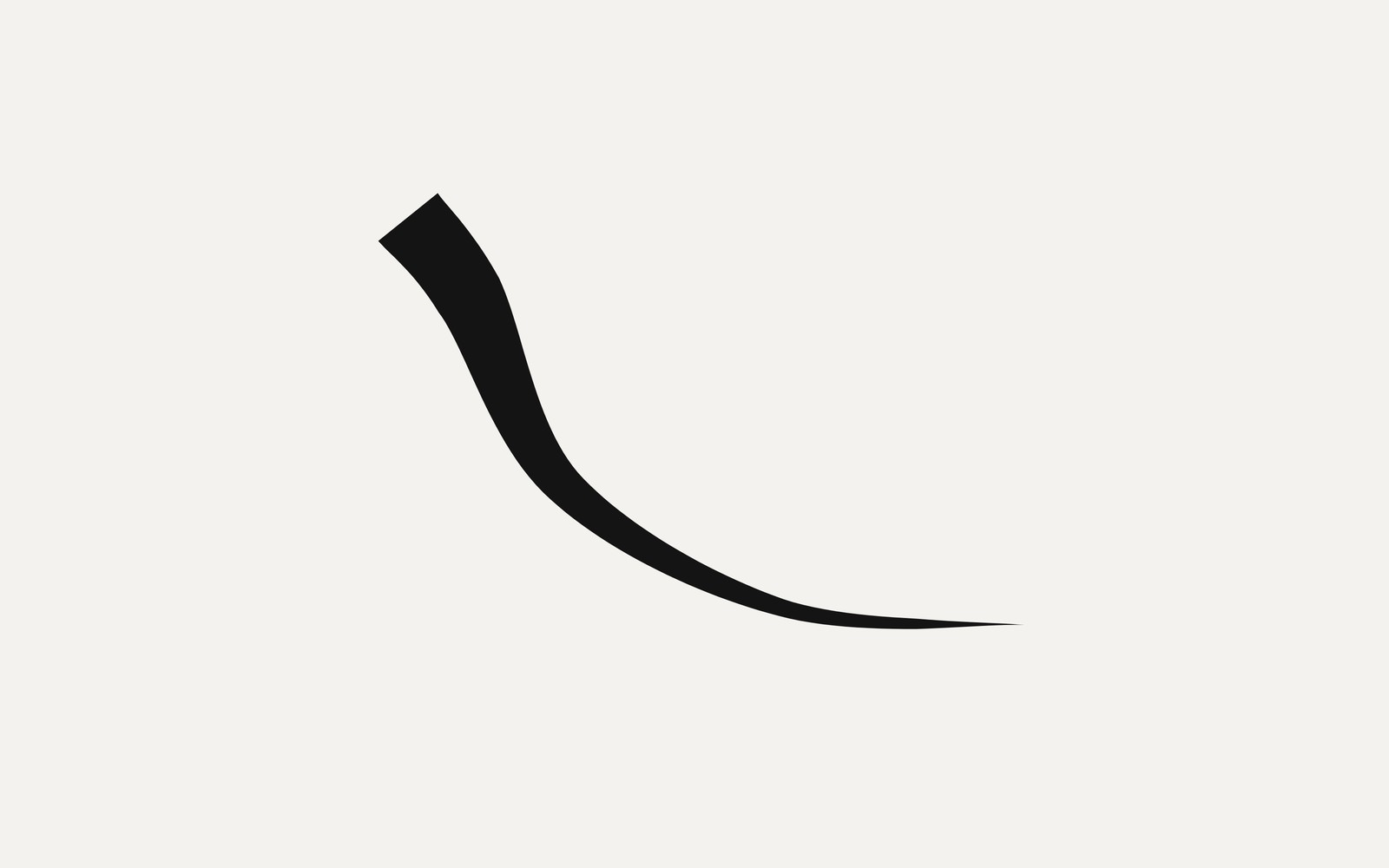 A single black brush-like stroke on a pale ground. It
lands with a heavy squared-off head at the upper left, sweeps down through a
slight narrowing and swelling, and drags off to a fine needle point at the lower
right. Nothing else is in the frame.