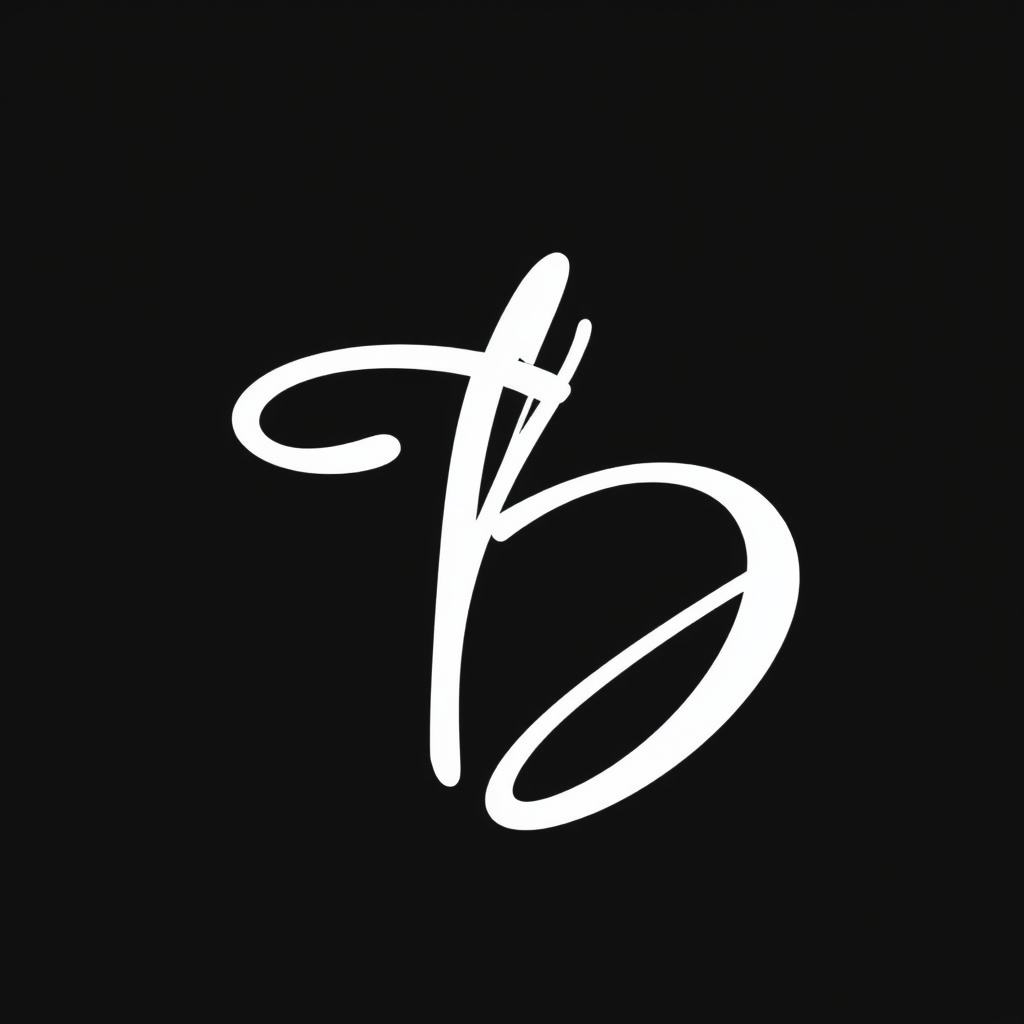 The image features a stylized white cursive letter "B" against a black background. The letter "B" is written in a flowing, cursive script, with the top of the letter facing towards the left side of the image and the bottom of the letter facing towards the right side. The letter is composed of