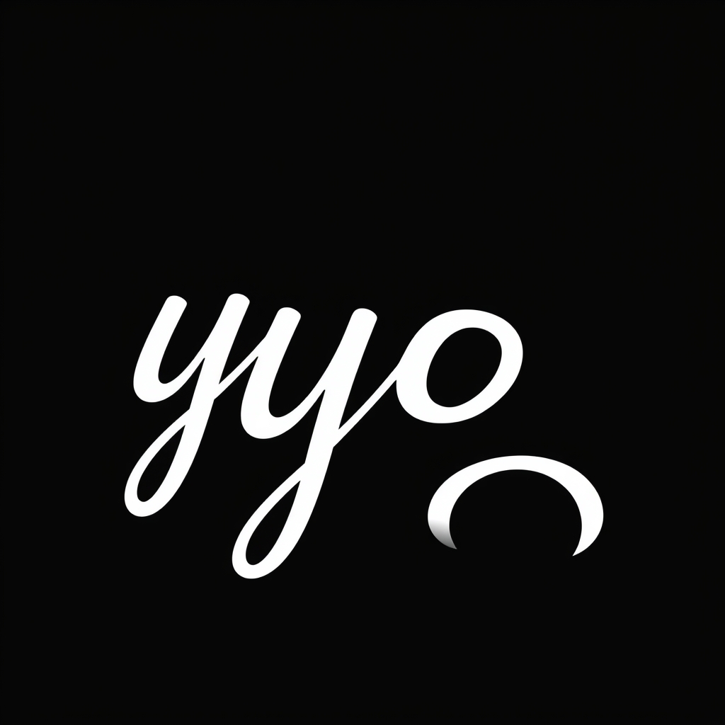 The image features a stylized white script font letter "yo" on a solid black background. The letter "y" is written in a flowing, cursive style with a distinctive curved tail at the bottom, while the letter "o" is written in a similar style but with a more rounded shape. The letters are