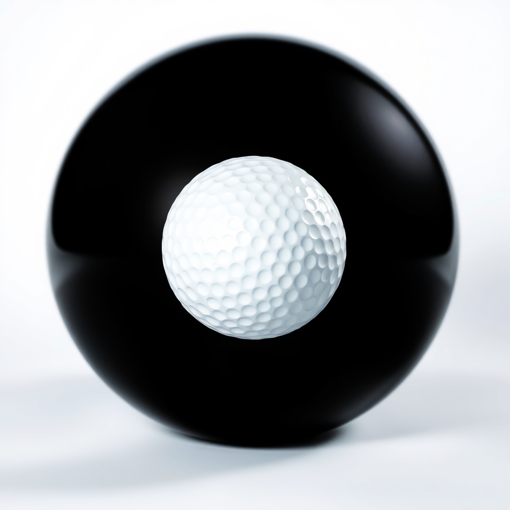 A white golf ball is sitting on top of a black sphere.