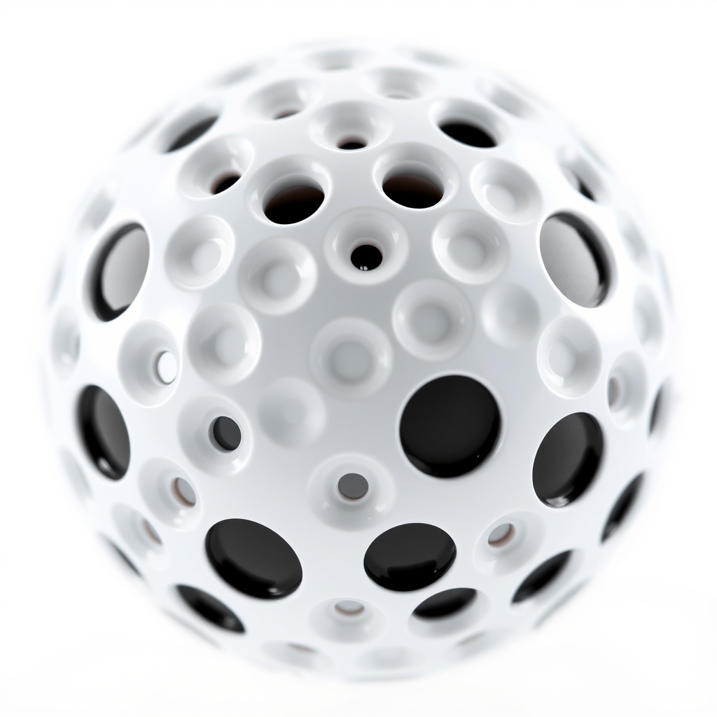 A white golf ball with black dots on it.