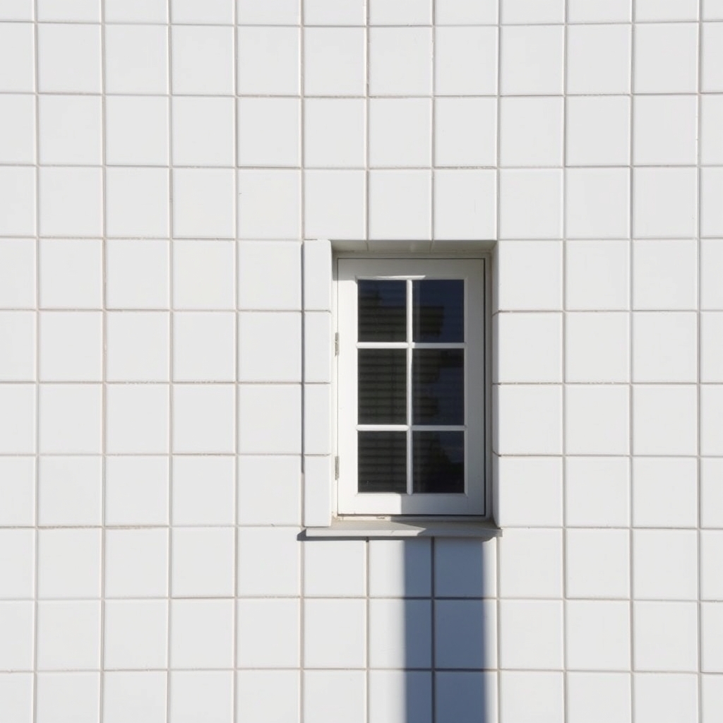 A white tile wall with a window and a shadow.