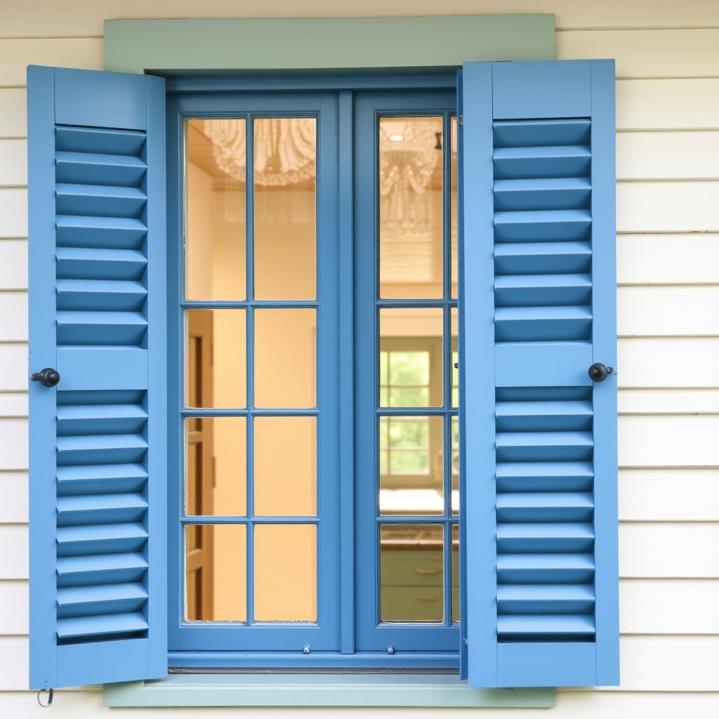Two blue shutters are open, revealing the interior of a house.