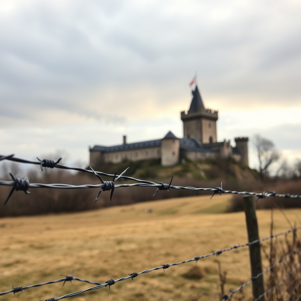 A barbed wire fence with a castle in the background.