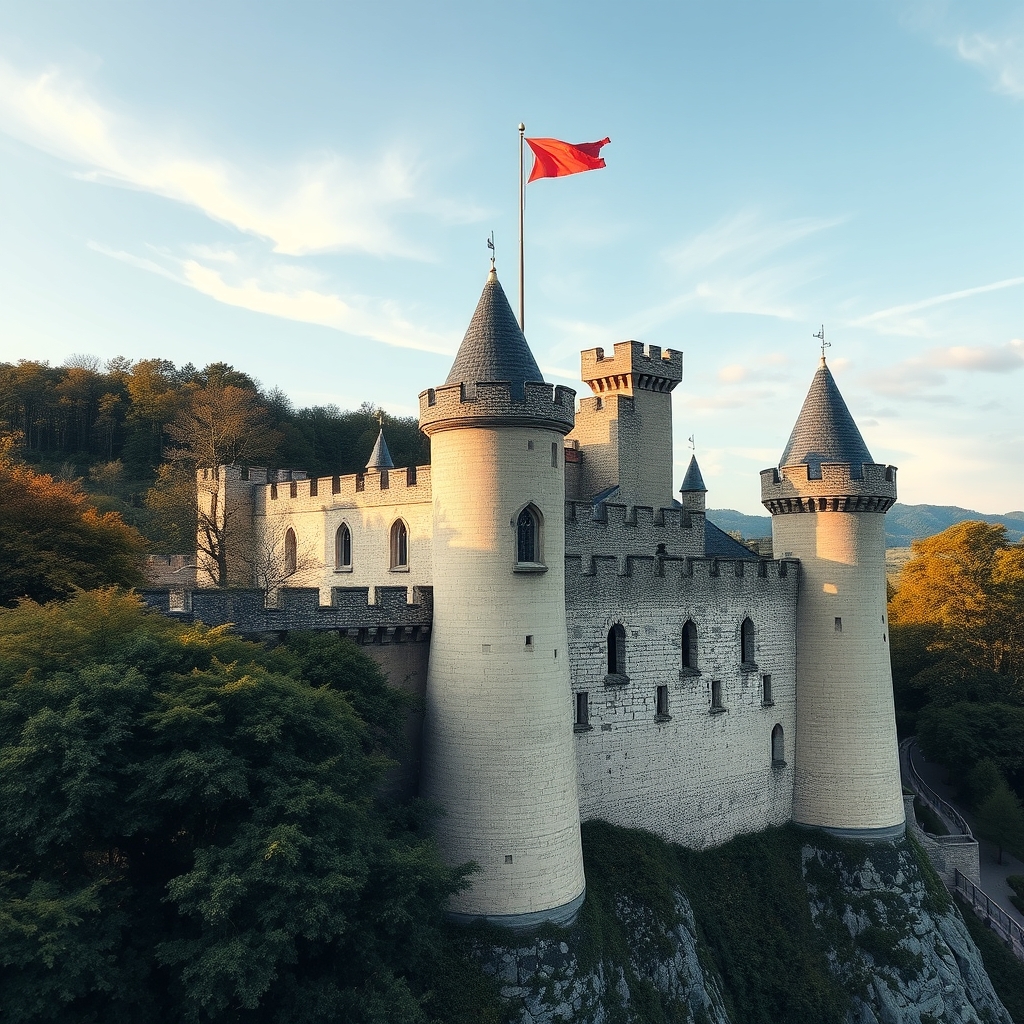 A castle with a flag on top of it.
