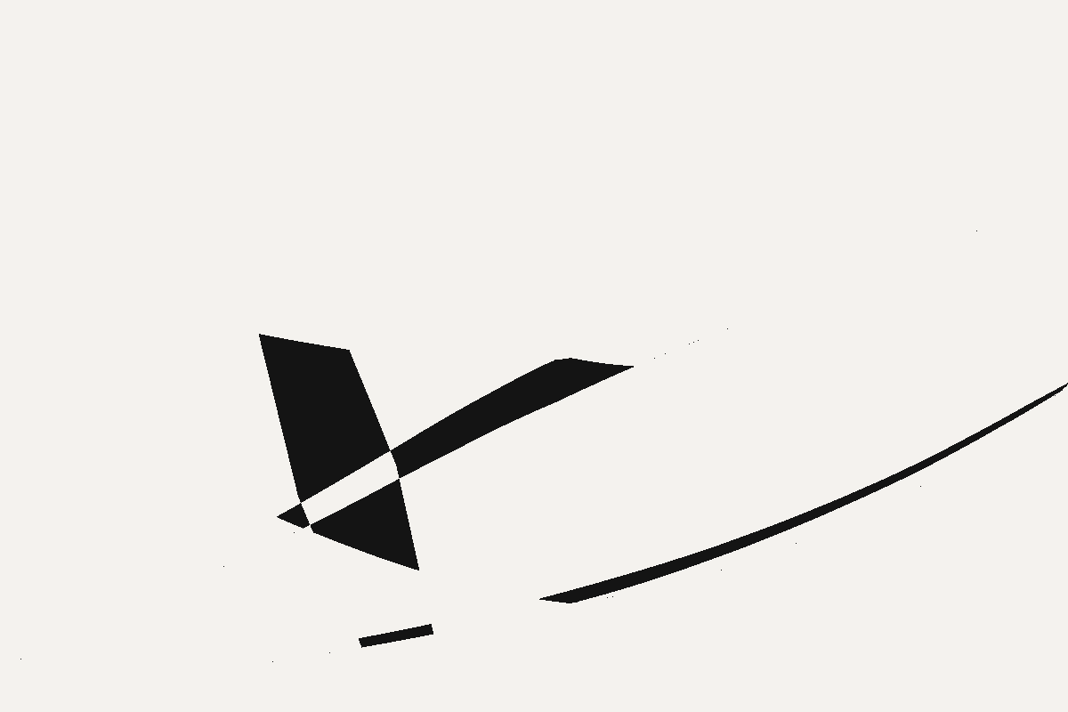 A pale field with a few dark shapes on it and nothing else. Left of centre, four four-sided patches meet corner to corner in a shape like a kite or a bird, one wing running off to the right in a long tapered wedge. Below and to the right, a long thin curve sweeps away toward the right edge, and a short dash lies alone near the bottom. These are the overlaps from the drawing above, with the marks themselves removed.