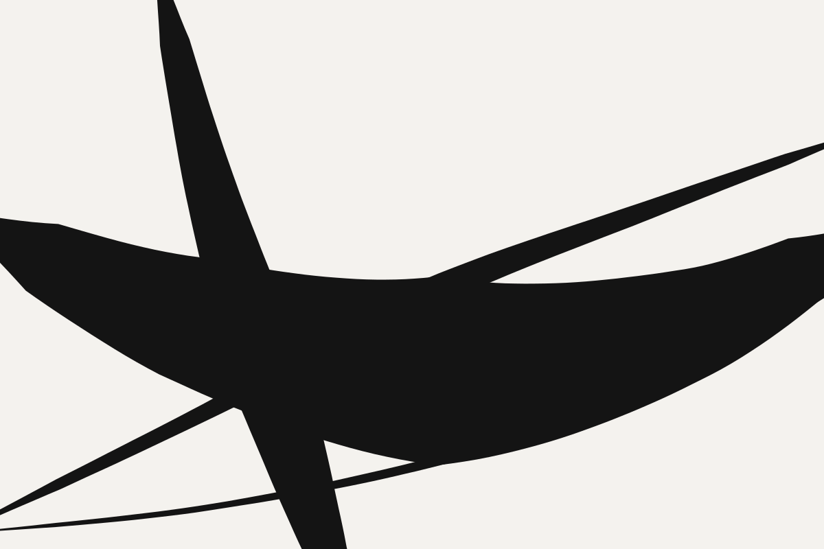 The same four marks, but solid: every overlap is filled black, so the four run together into one continuous mass with a spike rising from it at the left and two tapered points leaving to the right. Nothing shows where one mark ends and another begins.