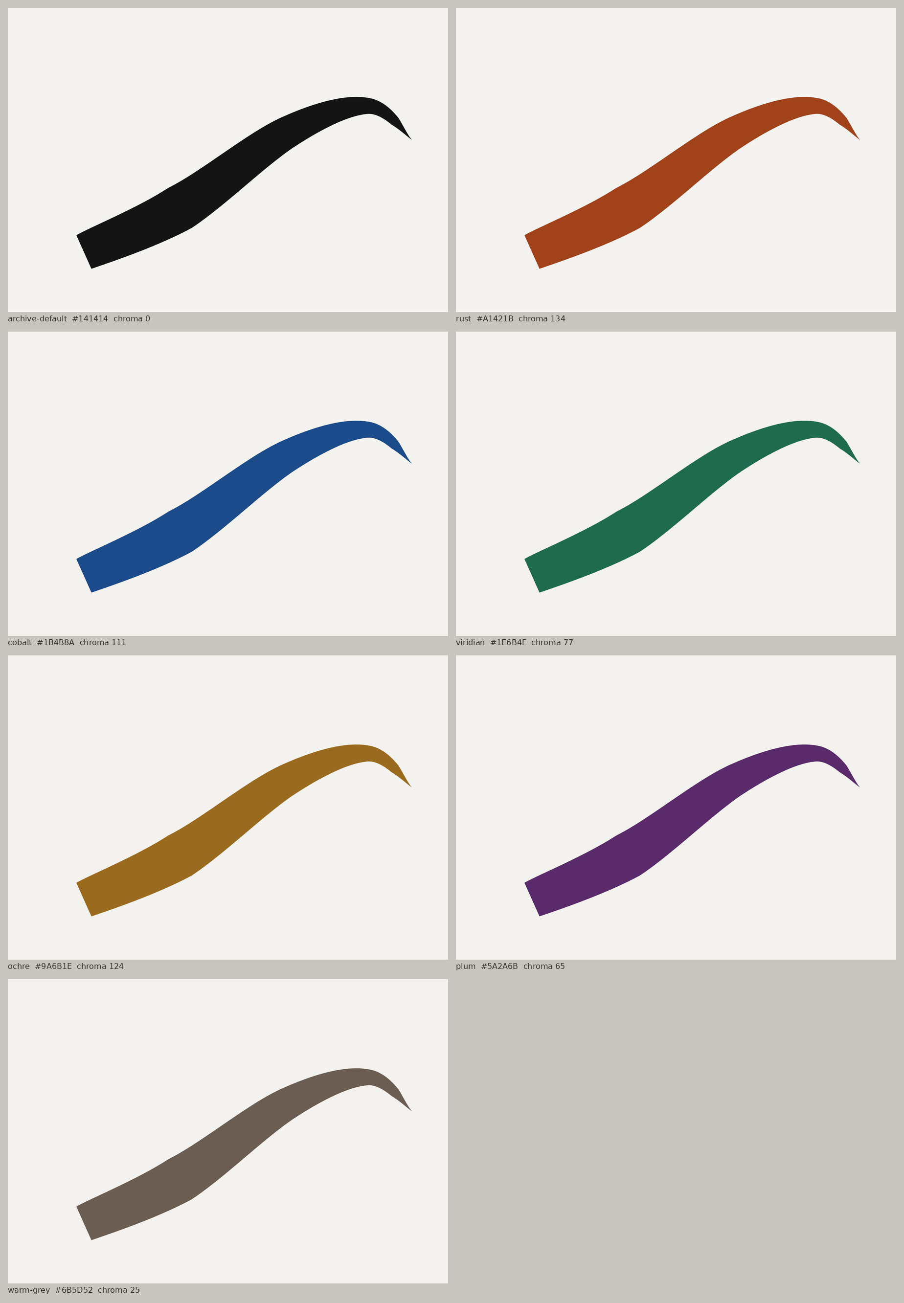 Six candidate colours plus the archive's default black, the same
  stroke rendered in each, side by side.