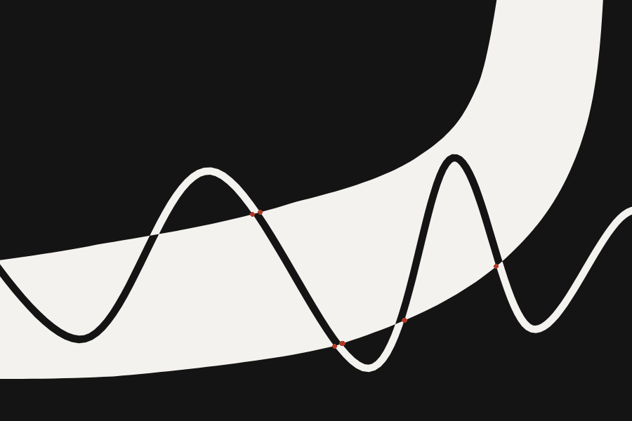 The published drawing: a broad pale band across a dark page with a wave crossing it, the wave black where it lies on the pale band and pale where it lies on the dark. Six small red dots sit on it, one at each place the wave passes through the band's edge and changes colour.