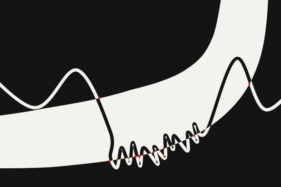 The same drawing with the wave now carrying a burst of fine tremor along the band's edge. Red dots run through the tremor in a broken line, and four sit alone on the smooth crossings further out.