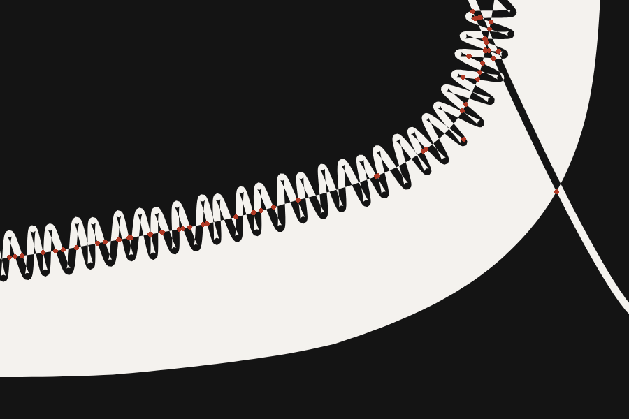 The tremor now runs the whole length of the band's edge as a row of tight loops, and the red beads through it continuously, thinning to single dots where the loops stop.