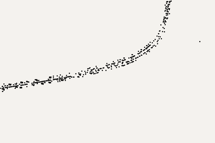 A dense granular ribbon of hundreds of small marks runs from the left edge, rising and then turning steeply up at the right. It is thick and uneven, more like a scattering of grit along a curve than a drawn line. One dot floats alone to its right.