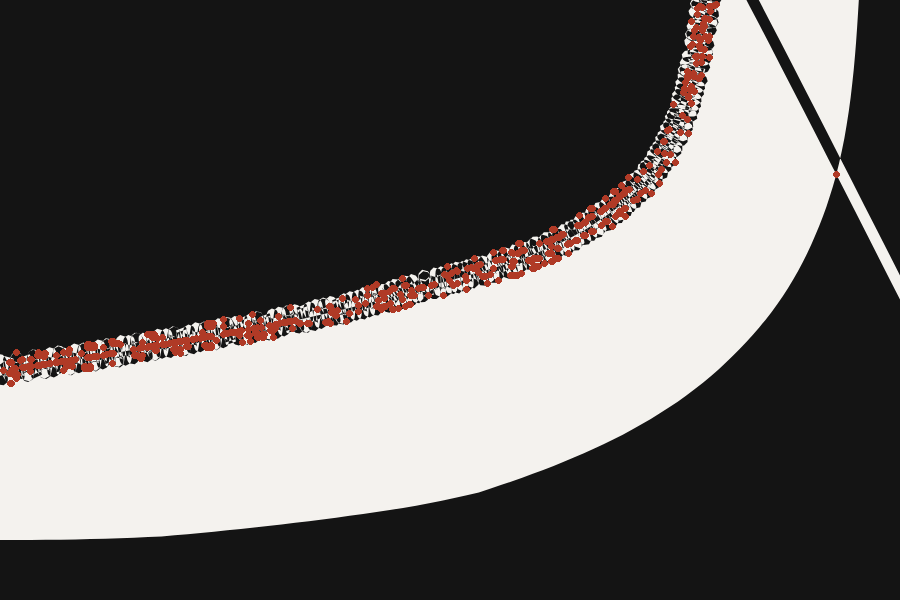 The wave has become a dense braid along the band's edge, and the red is no longer dots but a granular seam running the length of it, with the black tremor showing through. One red dot sits alone far to the right.
