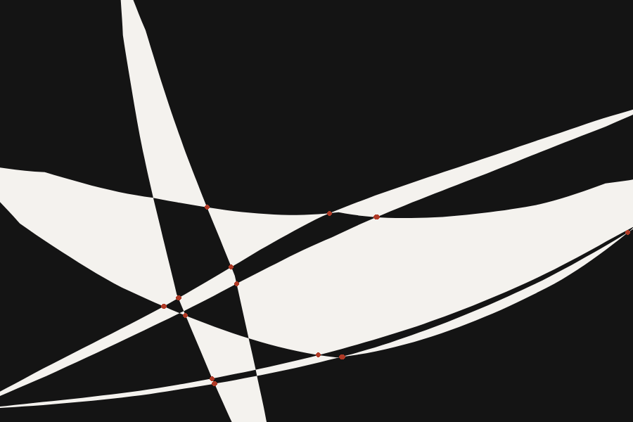 Four broad marks crossing a dark page, with about twenty red dots scattered where they meet, mostly in the lower left.