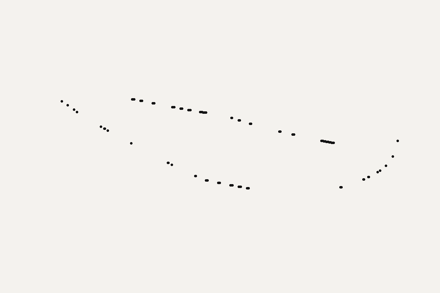 Short black dashes rather than dots, arranged along two long shallow curves that cross near the right, like a broken stitch line.