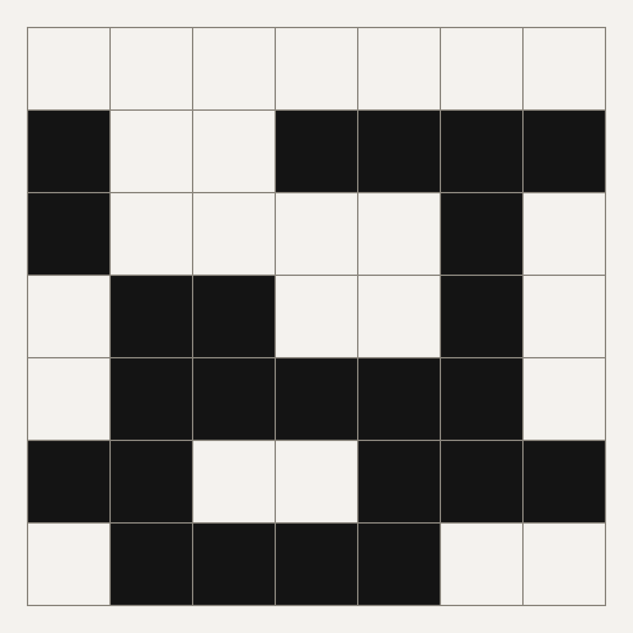 A 7 by 7 grid of black and white cells at 50% nominal density.