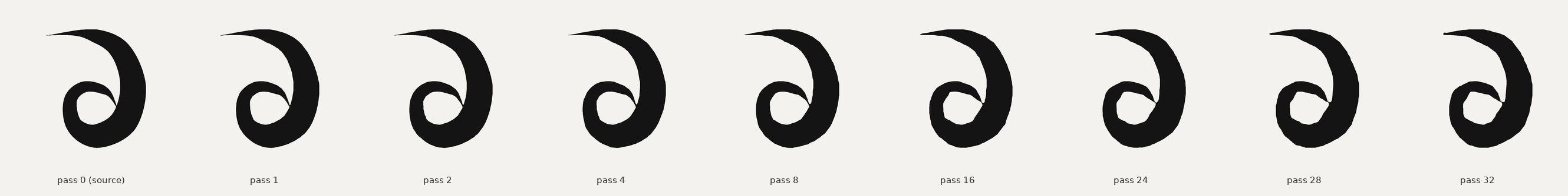 Nine states of the same curled brush-stroke silhouette, from the original fluid mark to visibly faceted, gem-like flats after thirty-two passes of tracing, thinning and refitting.