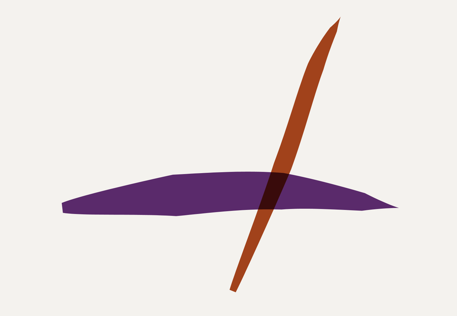 Two crossing strokes, a wide flat purple mark and a
steep narrow rust-coloured spike, meeting in a small, near-black patch
distinct from both.