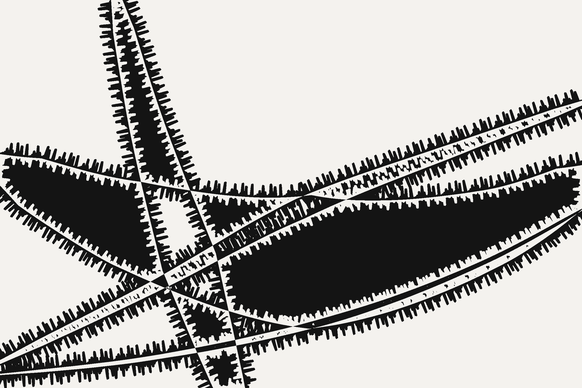 The same four marks, but every edge is now a dense row of short vertical teeth, as though bitten. The two thinnest marks have no solid middle left, only two rows of teeth with pale ground between them. The broad band still has a large unbroken black body.
