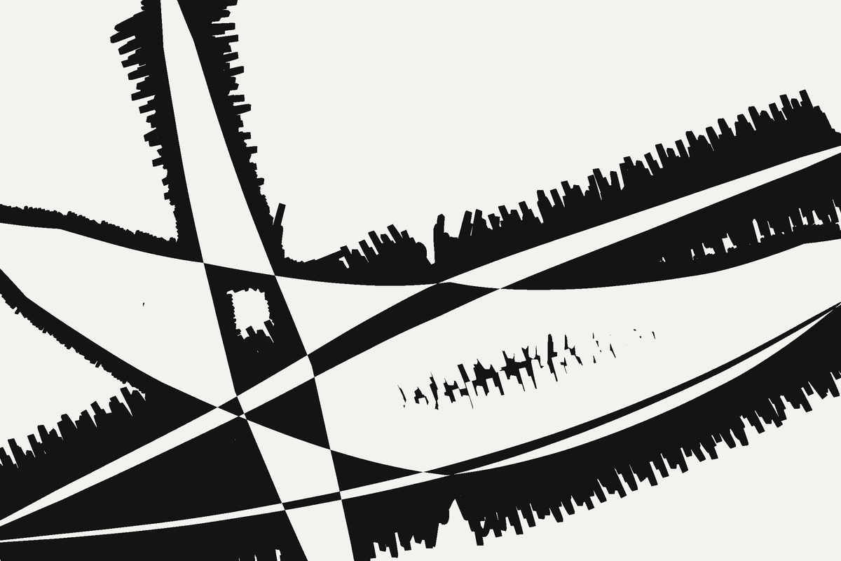 None of the original marks has a solid body. Large areas that were pale are now black, and large areas that were black are now pale; the composition has begun to turn inside out. Toothed ridges run along where the edges were.