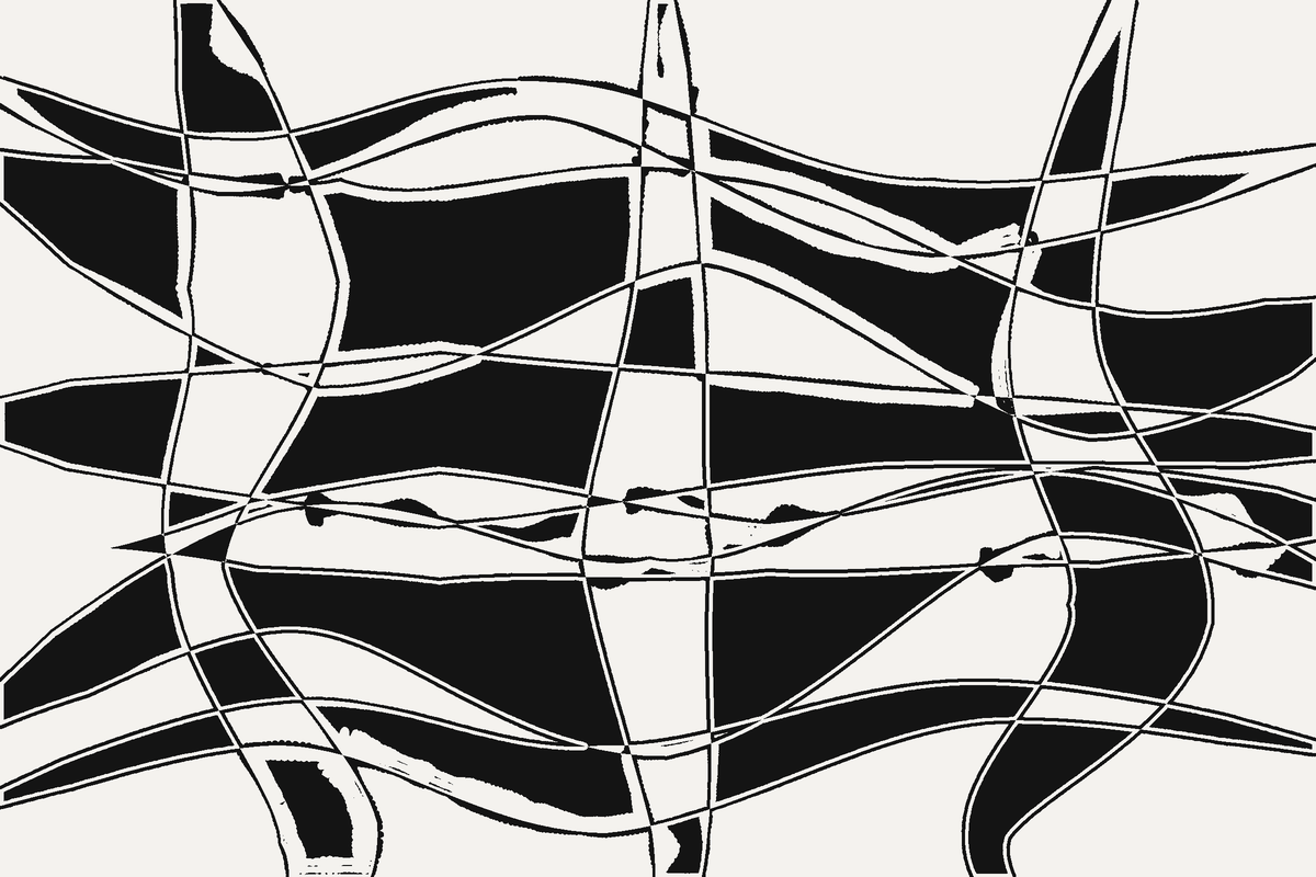 The same tangle corroded by the irregular acid -- fine scratched lines
and patchy gouges, some stretches untouched, others opened right through.
