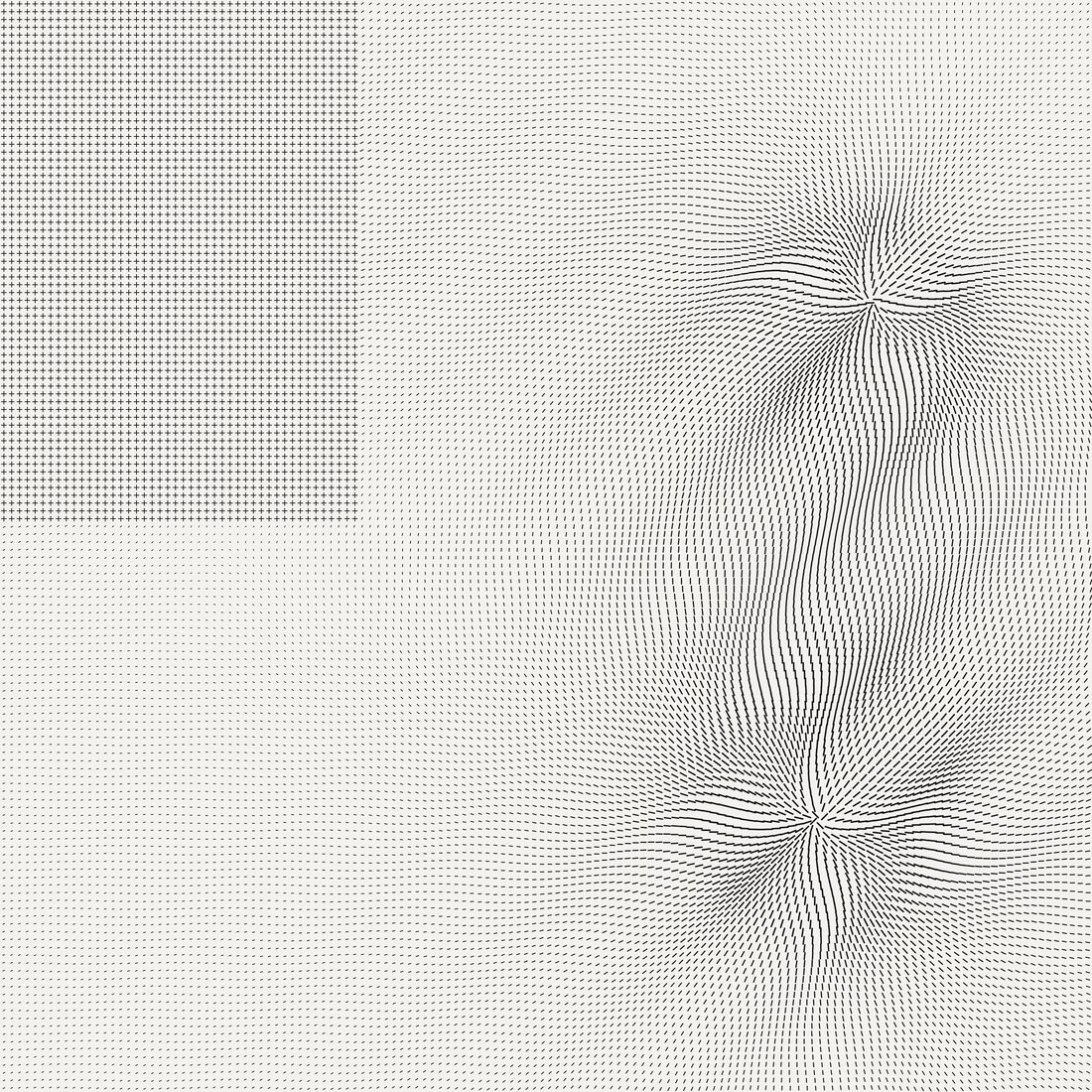 The authored field with a rigid crosshatch grid intruding over its quiet corner.