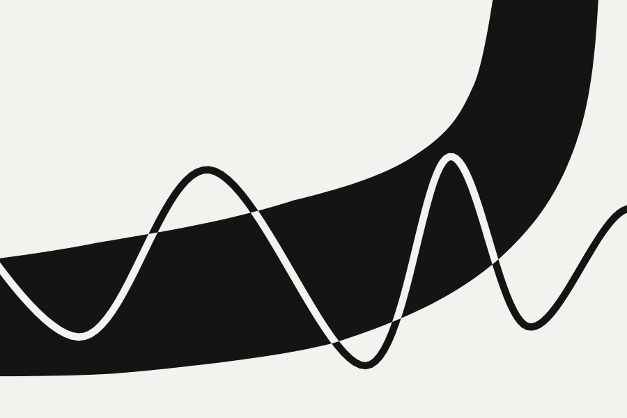 A pale ground. A broad black band runs from the left edge, dips, and climbs steeply off the top right corner. One thin line of even weight waves across it from left to right, rising and falling four times. Wherever the line is above the band it is black; wherever it is inside the band it is white, at the same thinness. The switches happen exactly at the band's edges, with no join.