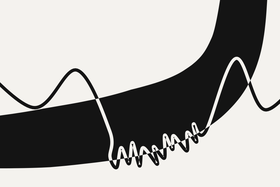 The same black band. A thin line enters at the upper left, waves once over the pale ground, drops through the band, and then along the band's lower edge it breaks into an irregular scribble of tight loops, alternately white where they rise into the black and black where they fall onto the paper. Past the scribble it recovers, rises through the band as a white curve, and leaves at the right as a black wave.