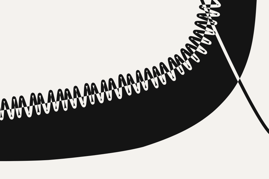 The same black band. Along its whole upper edge runs a dense regular-looking but never-repeating zigzag, like machine stitching or a spring seen edge-on: each crest white inside the black, each trough black on the paper. The zigzag tightens and climbs as the band turns upward, then resolves into a single clean line that leaves at the right.