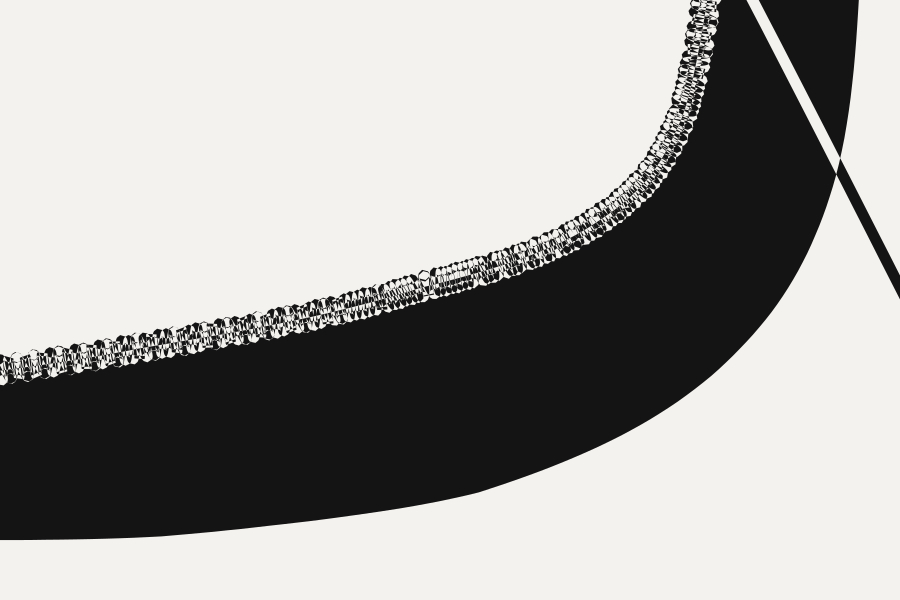 The same black band, its upper edge replaced by a granular strip about twenty pixels deep -- a corroded, beaded, chewed-looking fringe with no individual marks legible in it. At the top right the same stroke emerges from the fringe as an ordinary clean black line and leaves the picture.