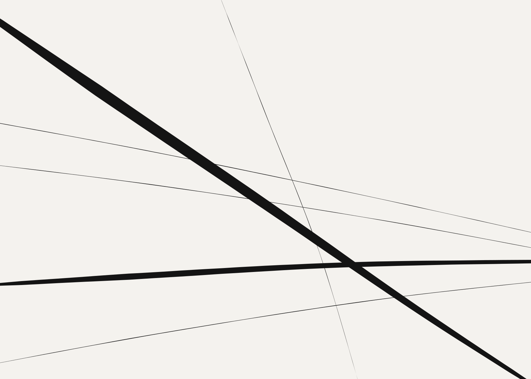 A heavy black line falls steeply from the upper left
across the whole frame and leaves at the lower right. A second heavy line runs
almost level, low, and crosses it right of centre. Four much fainter lines
stratify the space, one of them falling steeply near the middle. Every line
enters and leaves the picture; nothing is contained by it.