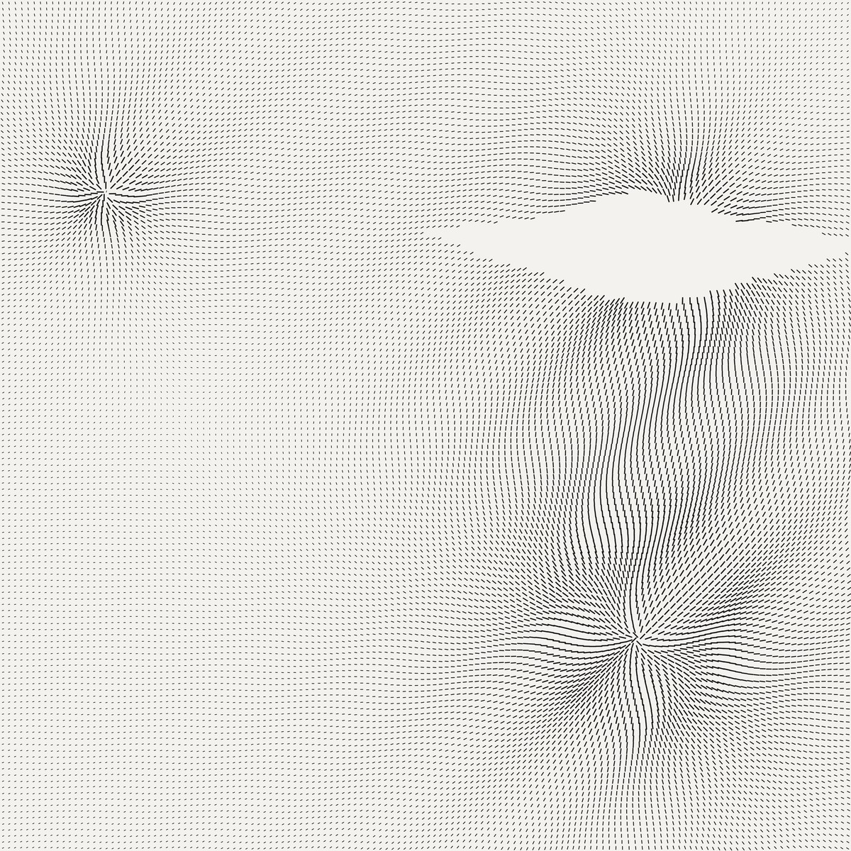 The same field with a small pointed oval of
marks missing near the upper-right burst; it floats like an object rather than
reading as a removal.