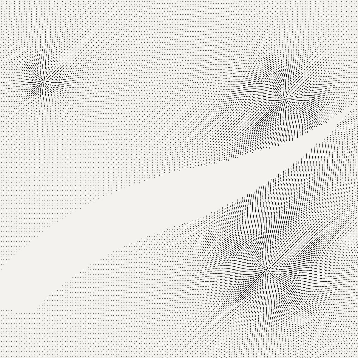 The same field with a wide clean diagonal band
of marks missing, running from the left edge to the right edge and separating the
picture into an upper and a lower region.