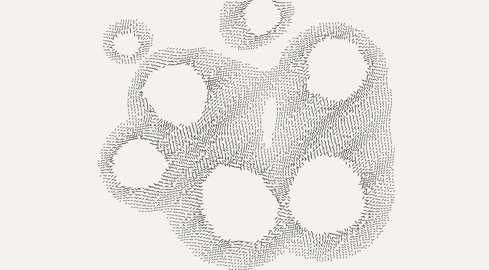 A field of short black dashes clustered around six or
seven clean white voids of different sizes. The dashes flow loosely around the
holes but each one wavers off the flow at its own small angle, so the whole
mass looks scratched, nervous, hand-drawn, restless.