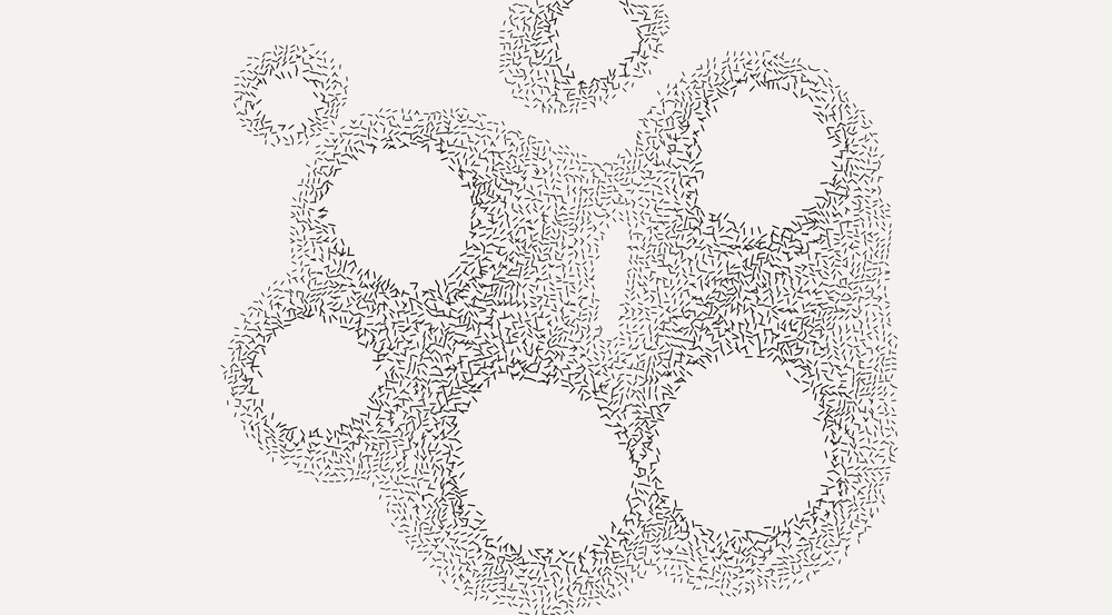 The same voids, but the dashes point in every
direction at random, a dense scatter with no flow left, the holes barely held
together by where the marks stop.