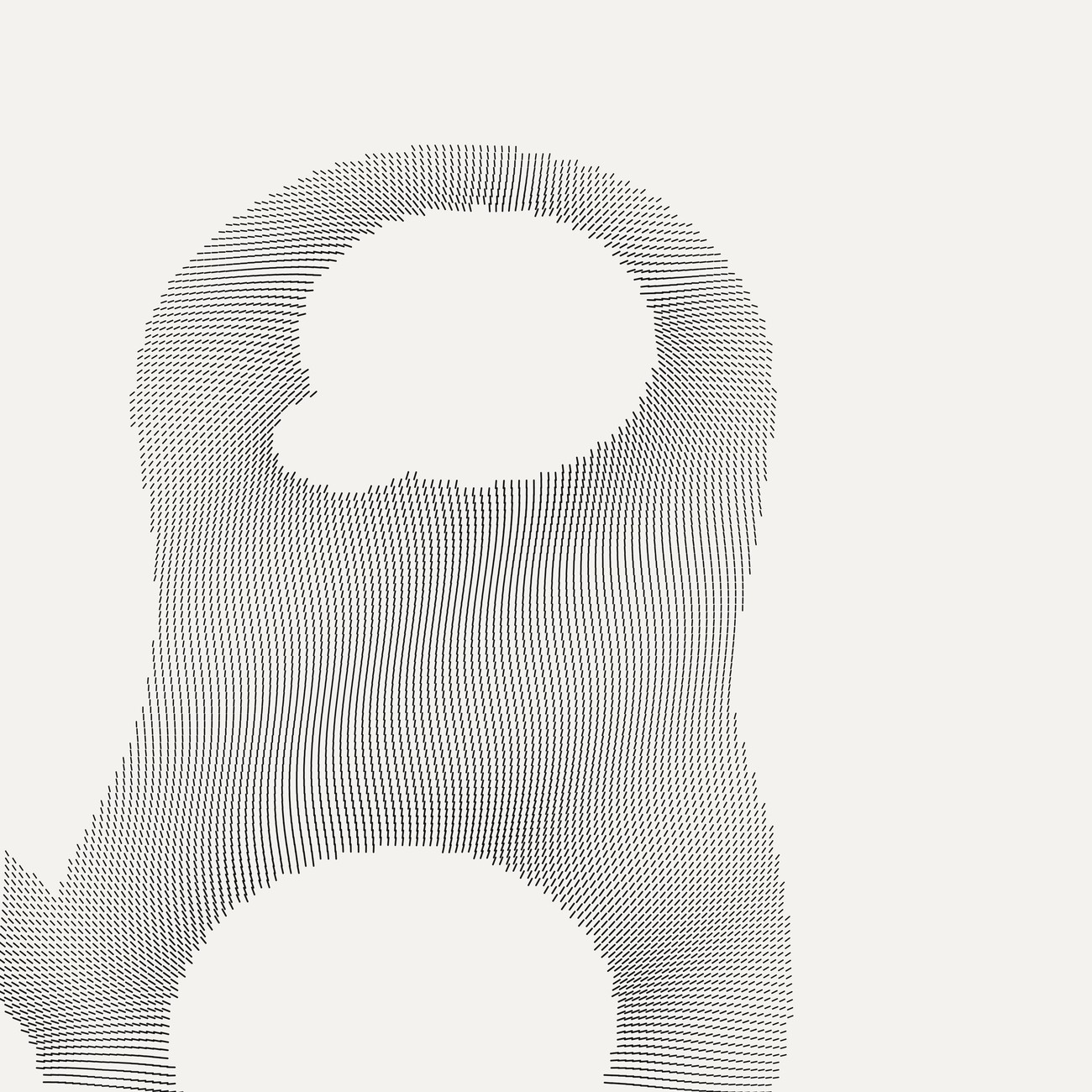 A dense mass of small black dashes filling the
frame, curving around two large clean white voids that run off the top and
bottom edges. The dashes radiate and flow smoothly, like iron filings around
magnets.