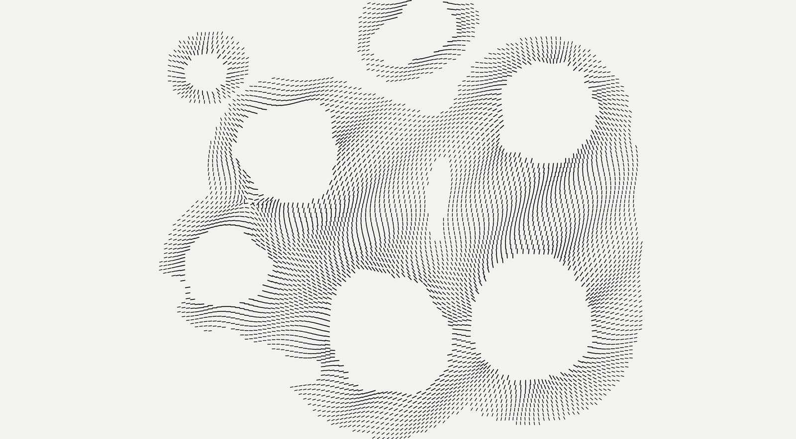 A wide landscape of seven or so white voids of
different sizes scattered across a field of dashes. The dash density is
uneven, thinning to almost nothing in some patches and clotting in others.
One void at the top is a broken ring. The whole reads as a population of
holes, breathing.