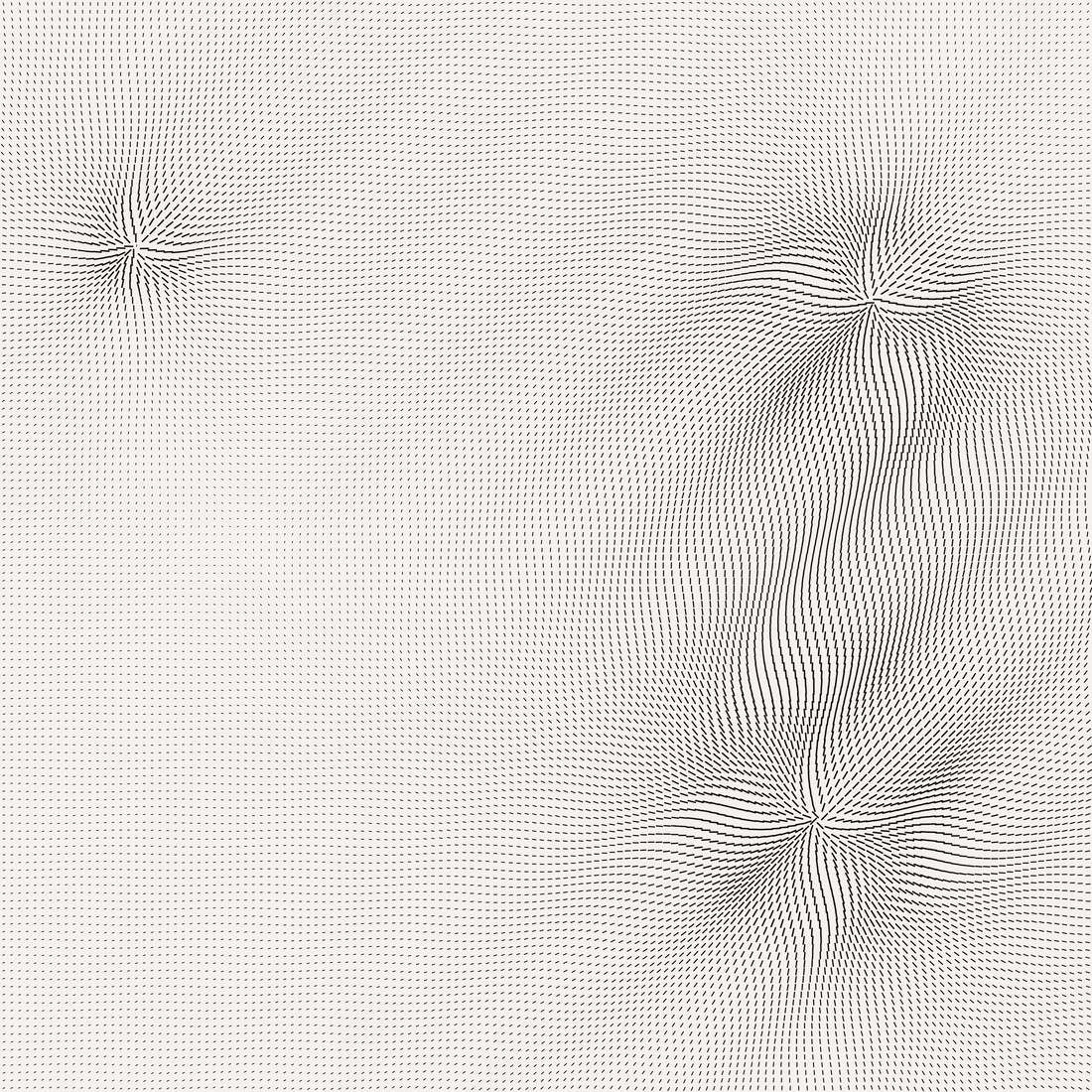 A field of small dashes bent around three point sources: two events grouped on the right, one isolated far bottom-left, most of the frame left empty.