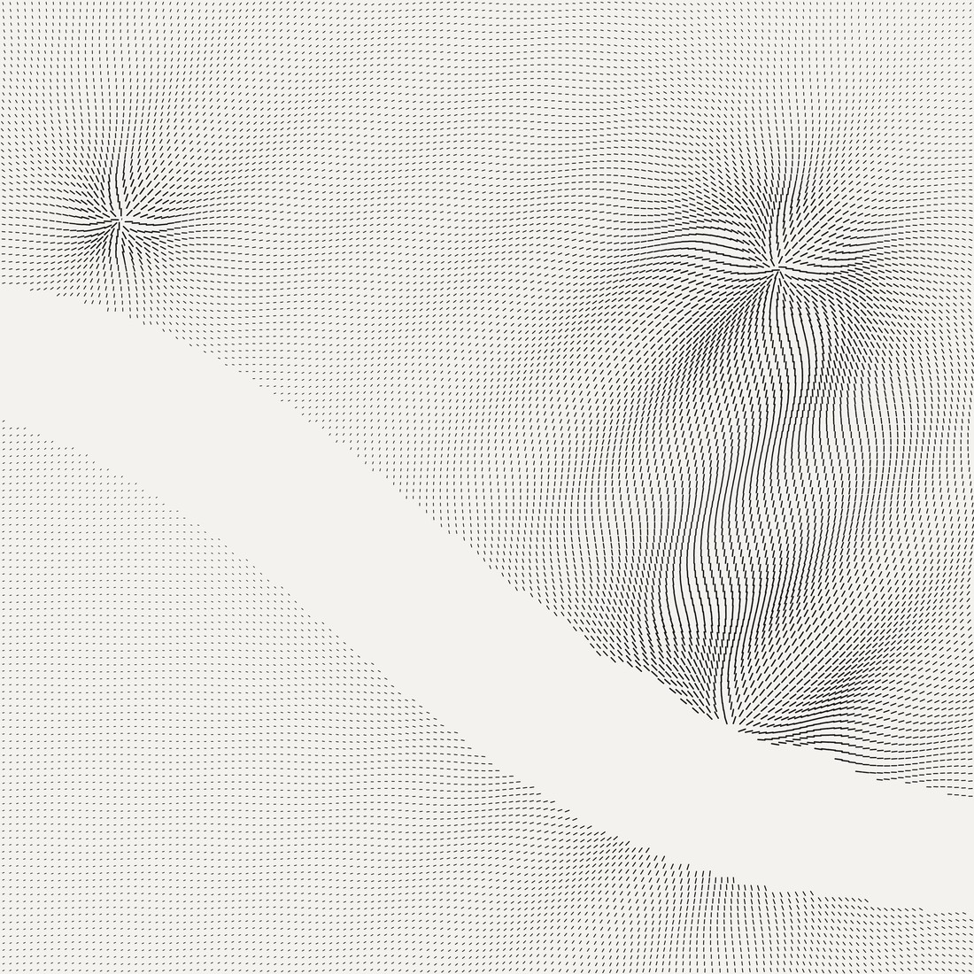 The same field with a broad curved diagonal swathe of marks removed, cutting below the dominant burst.