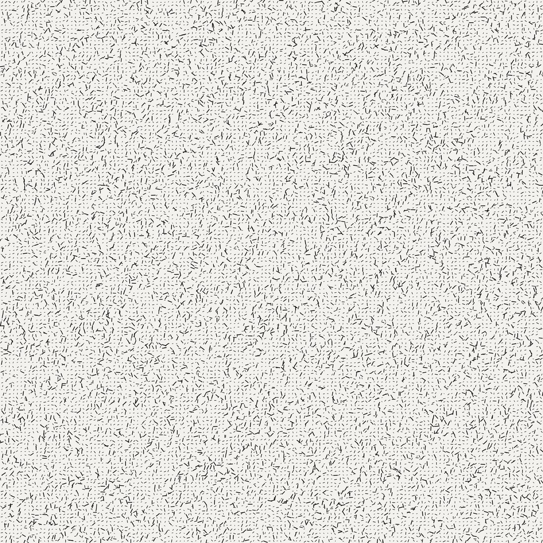A uniform grey field of small dashes at every orientation, no structure anywhere.